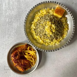 باقالی پلو با مرغ سرخ شده