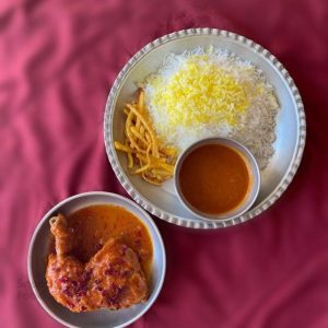 زرشک پلو مرغ سرخ شده